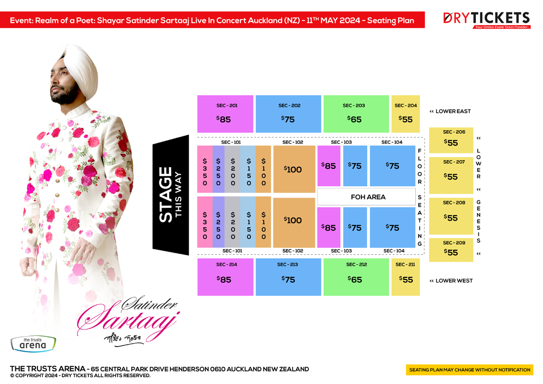 Realm of a Poet: Shayar Satinder Sartaaj Live In Concert Auckland (NZ) 2024 Seating Map