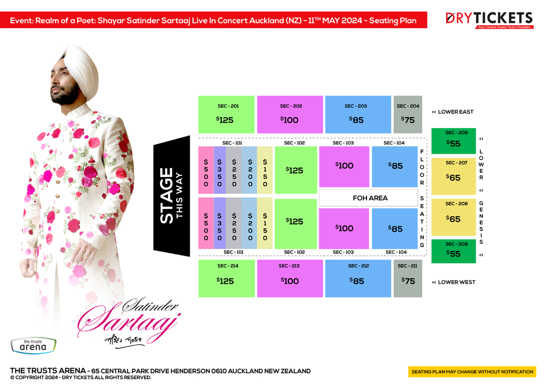 Realm of a Poet: Shayar Satinder Sartaaj Live In Concert Auckland (NZ) 2024 Seating Map