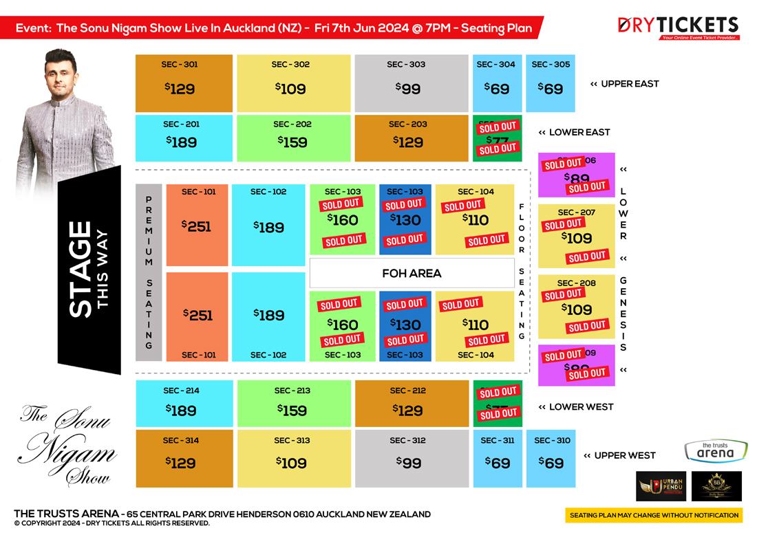 The Sonu Nigam Show - Live In Concert Auckland (NZ) 2024 Seating Map