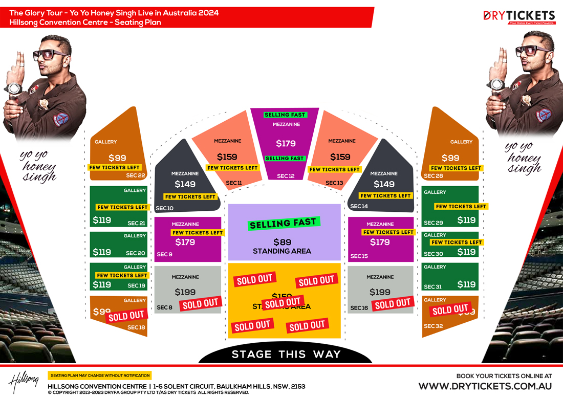 The Glory Tour - Yo Yo Honey Singh Live In Sydney 2024 Seating Map