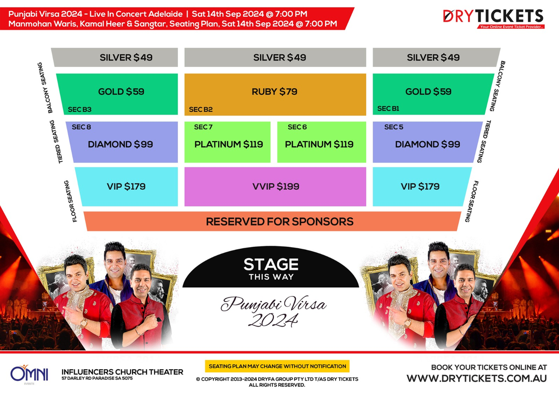 Punjabi Virsa 2024 Live In Concert Adelaide - Manmohan Waris, Kamal Heer & Sangtar Seating Map