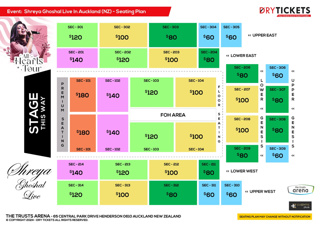 Shreya Ghoshal Live In Concert Auckland (NZ) 2024 Seating Map