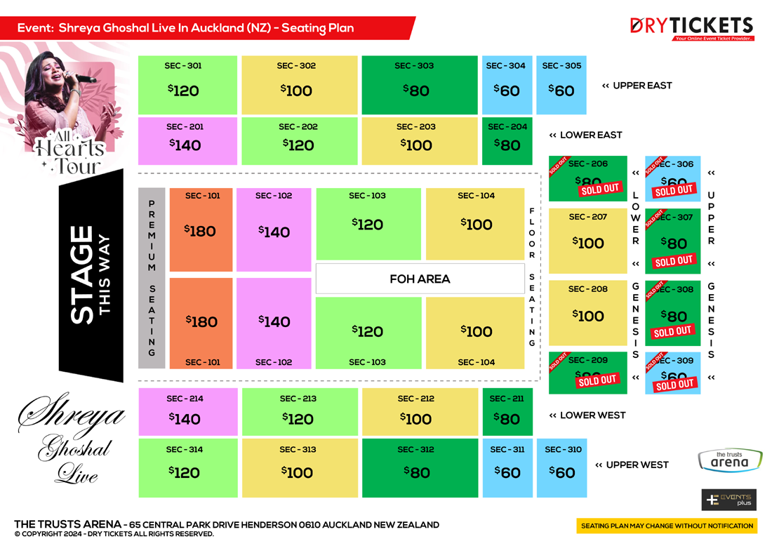 Shreya Ghoshal Live In Concert Auckland (NZ) 2024 Seating Map