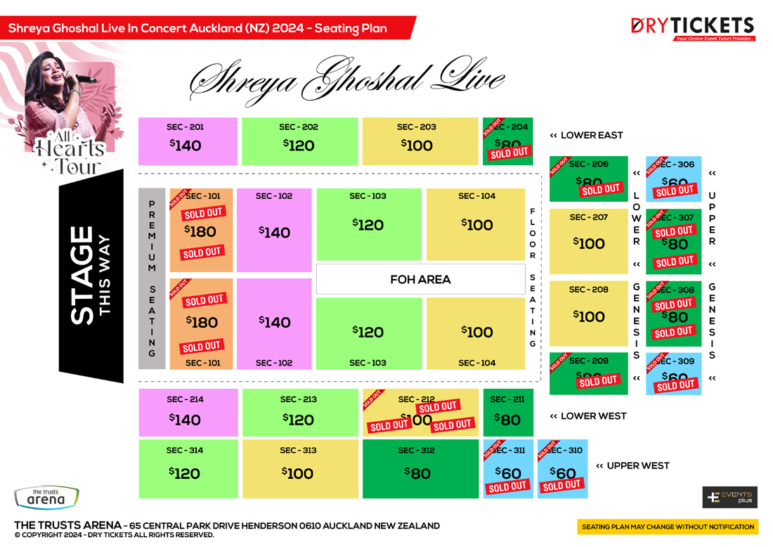 Shreya Ghoshal Live In Concert Auckland (NZ) 2024 Seating Map