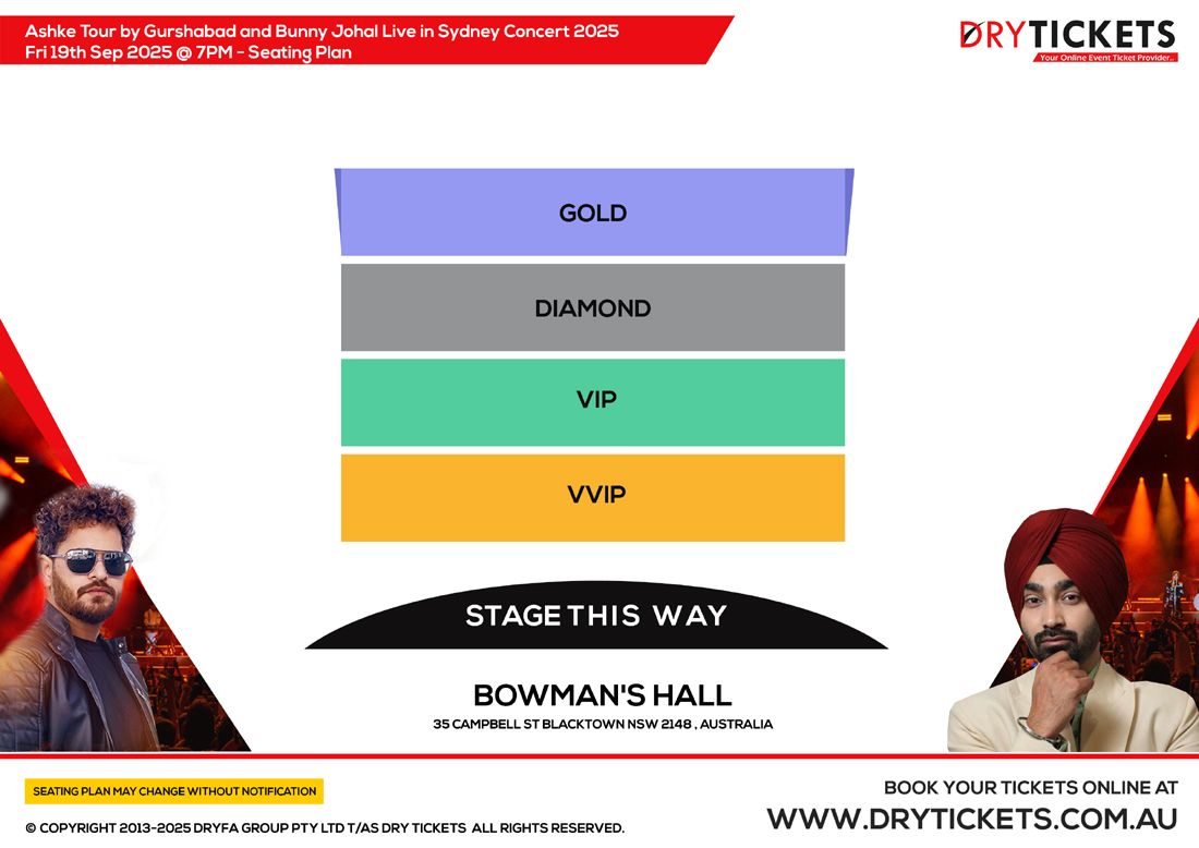 Ashke Tour by Gurshabad and Bunny Johal Live in Sydney Concert 2025 Seating Map