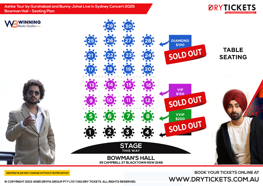Ashke Tour by Gurshabad and Bunny Johal Live in Sydney Concert 2025 Seating Map