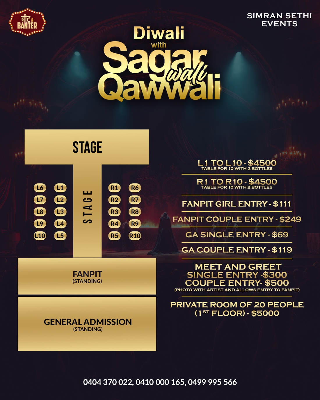 Diwali with Sagar Wali Qawwali Live In Melbourne 2025 Seating Map