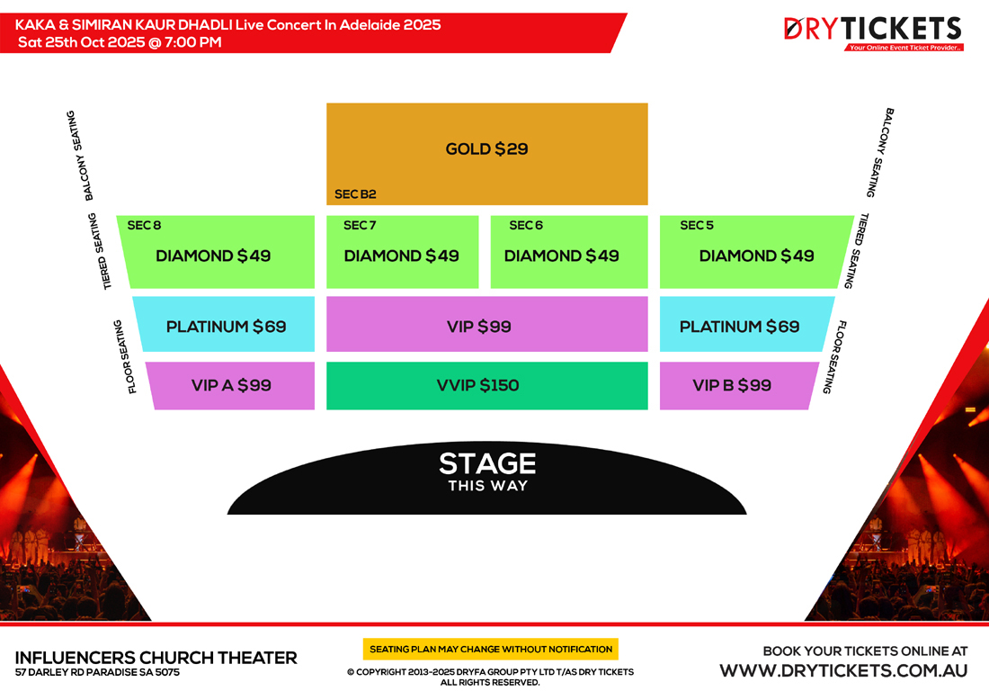 KAKA & SIMIRAN KAUR DHADLI Live Concert In Adelaide 2025 Seating Map