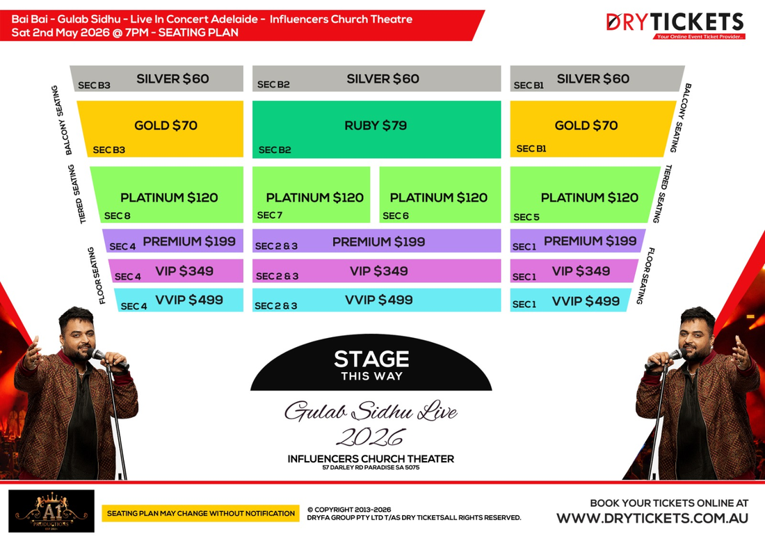 Bai! Bai! Back In Adelaide GULAB SIDHU Live In Concert 2026 Seating Map