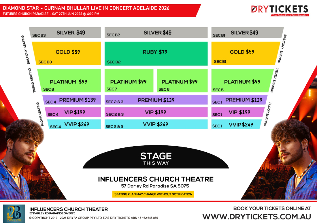Diamond Star - Gurnam Bhullar Live In Concert Adelaide 2026 Seating Map