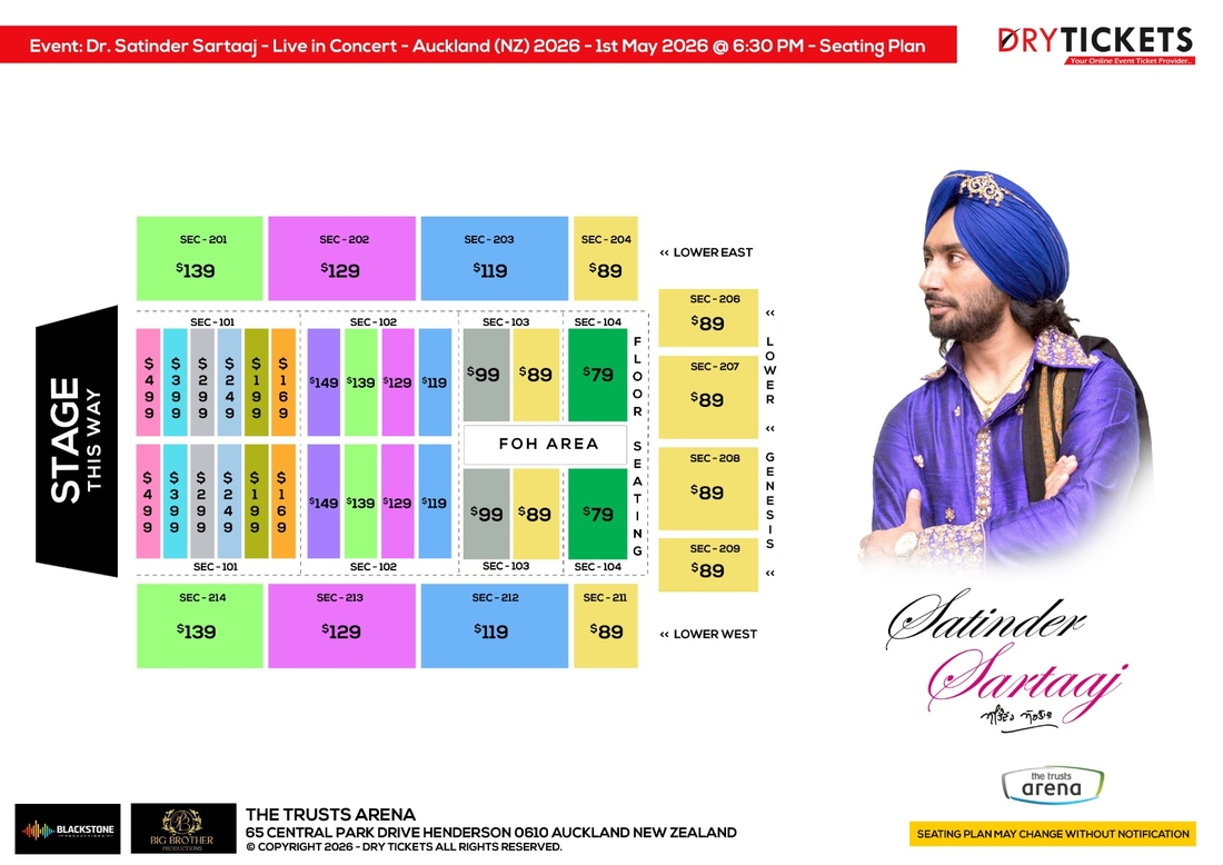 Dr. Satinder Sartaaj - Live In Concert - The Heritage Tour - Auckland (NZ) 2026 Seating Map