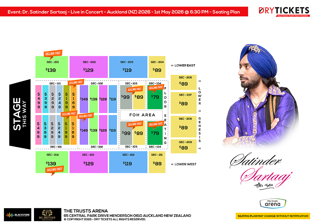 Dr. Satinder Sartaaj - Live In Concert - The Heritage Tour - Auckland (NZ) 2026 Seating Map