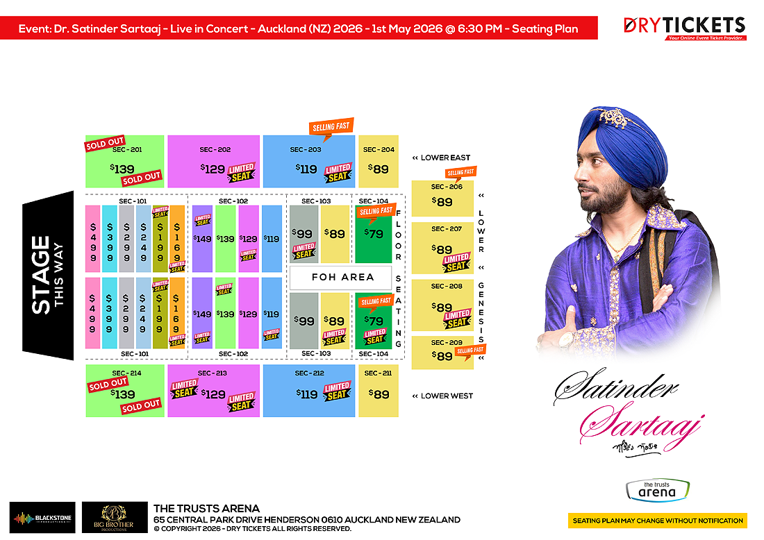 Dr. Satinder Sartaaj - Live In Concert - The Heritage Tour - Auckland (NZ) 2026 Seating Map