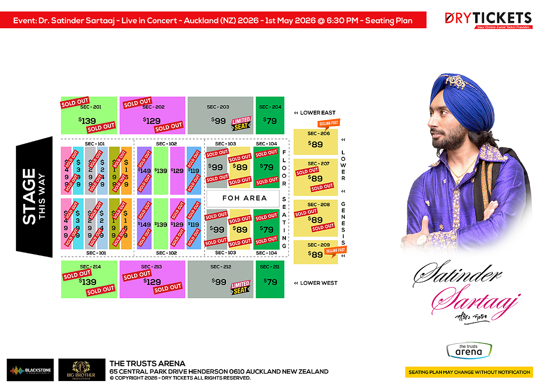 Dr. Satinder Sartaaj - Live In Concert - The Heritage Tour - Auckland (NZ) 2026 Seating Map