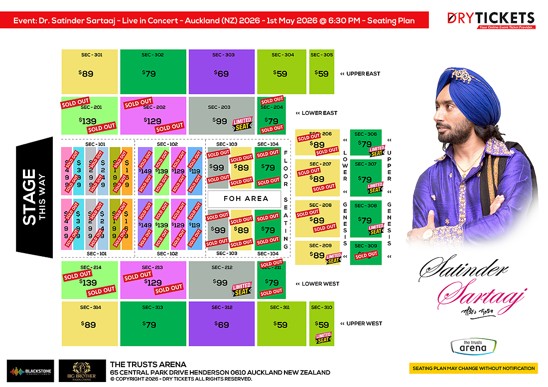 Dr. Satinder Sartaaj - Live In Concert - The Heritage Tour - Auckland (NZ) 2026 Seating Map