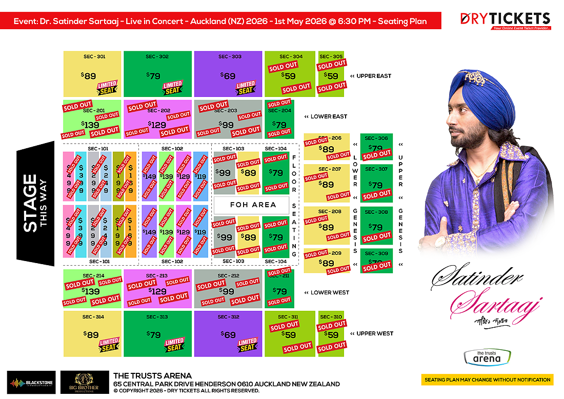Dr. Satinder Sartaaj - Live In Concert - The Heritage Tour - Auckland (NZ) 2026 Seating Map