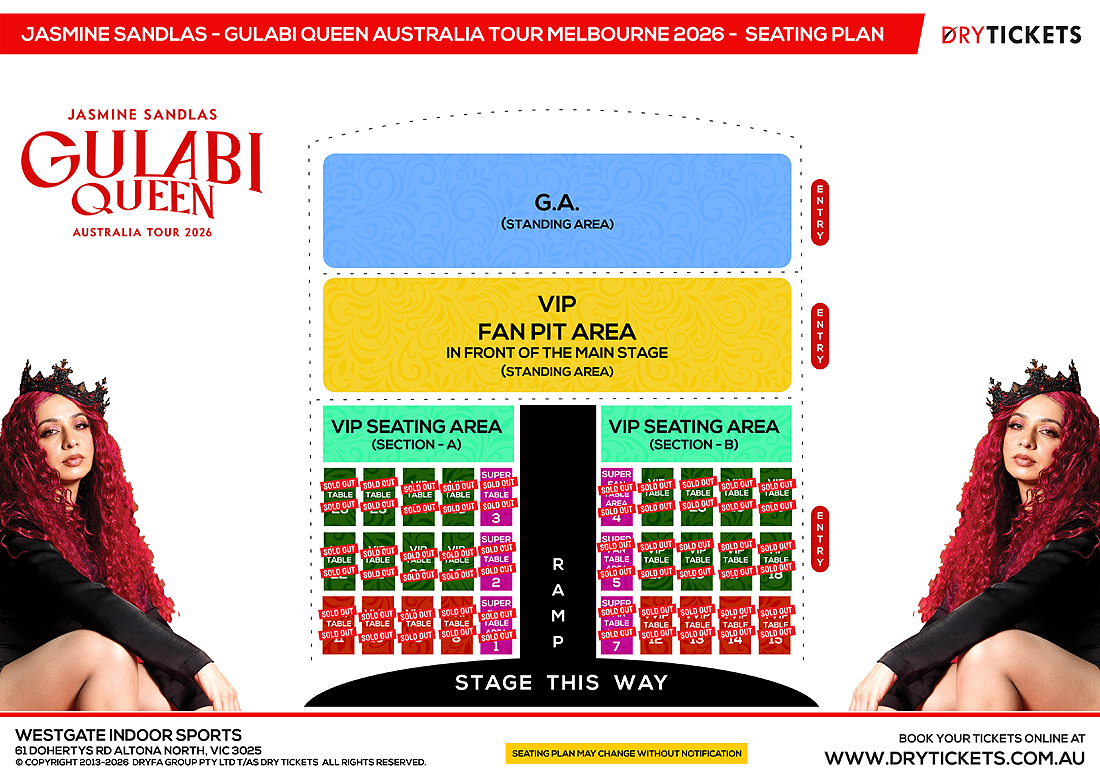 Jasmine Sandlas - Gulabi Queen Australia Tour Melbourne 2026 Seating Map