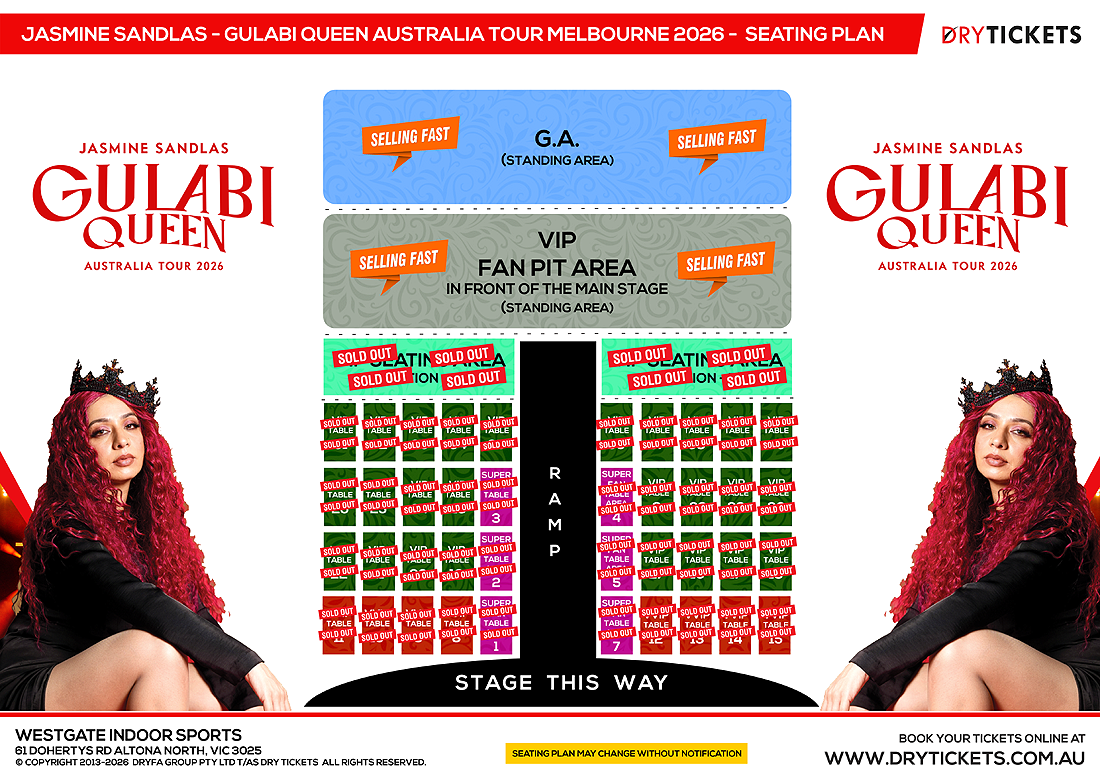Jasmine Sandlas - Gulabi Queen Australia Tour Melbourne 2026 Seating Map