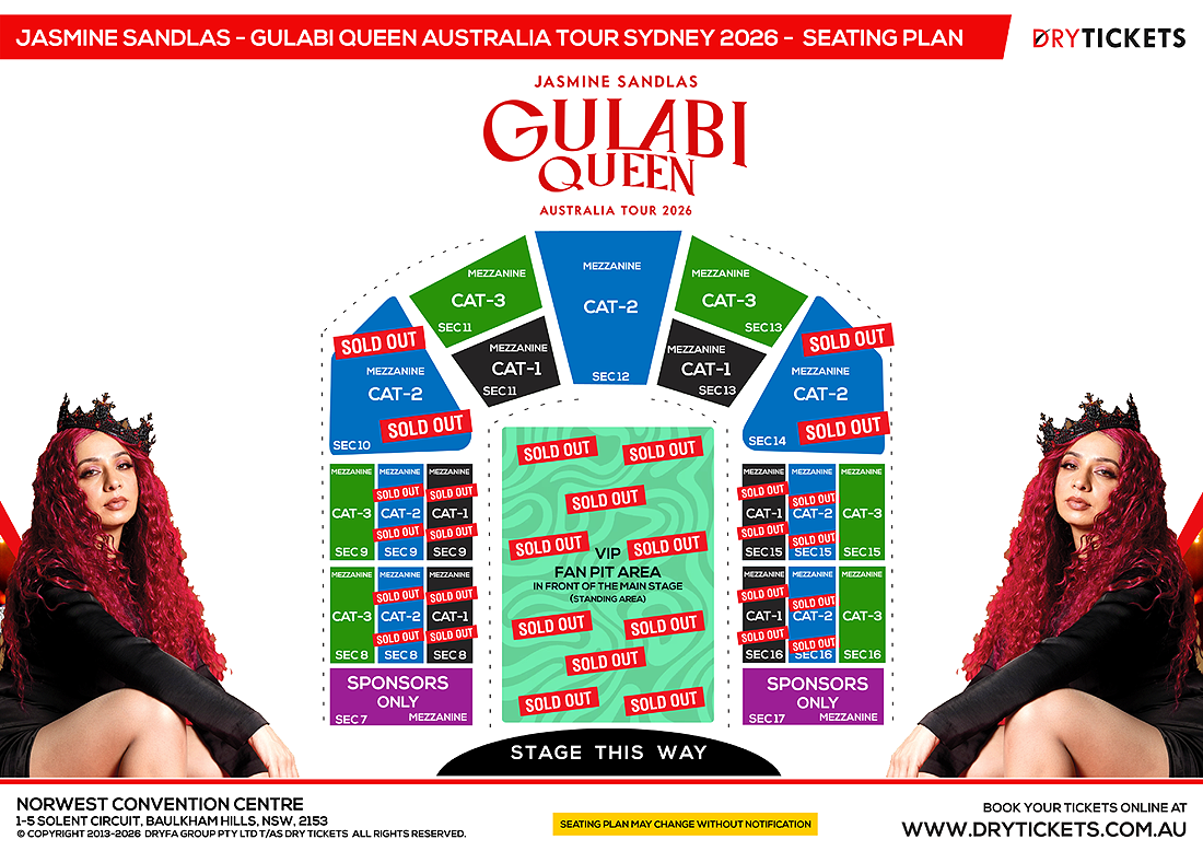Jasmine Sandlas - Gulabi Queen Australia Tour Sydney Concert 2026 Seating Map