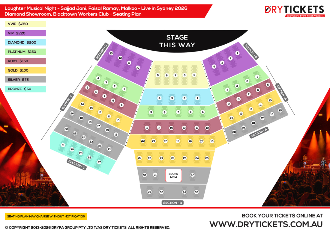 Laughter Musical Night - Sajjad Jani, Faisal Ramay, Malkoo - Live in Sydney 2026 Seating Map