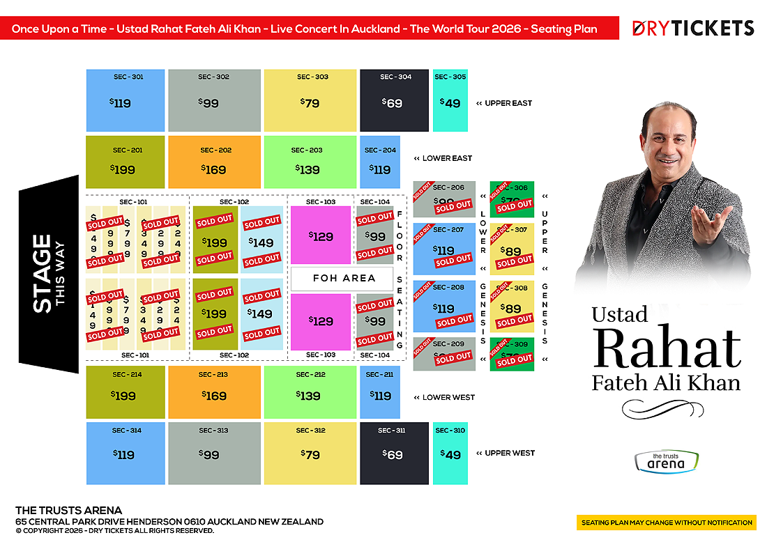 Once Upon a Time - Ustad Rahat Fateh Ali Khan Live Concert In Auckland (NZ) - The World Tour 2026 Seating Map