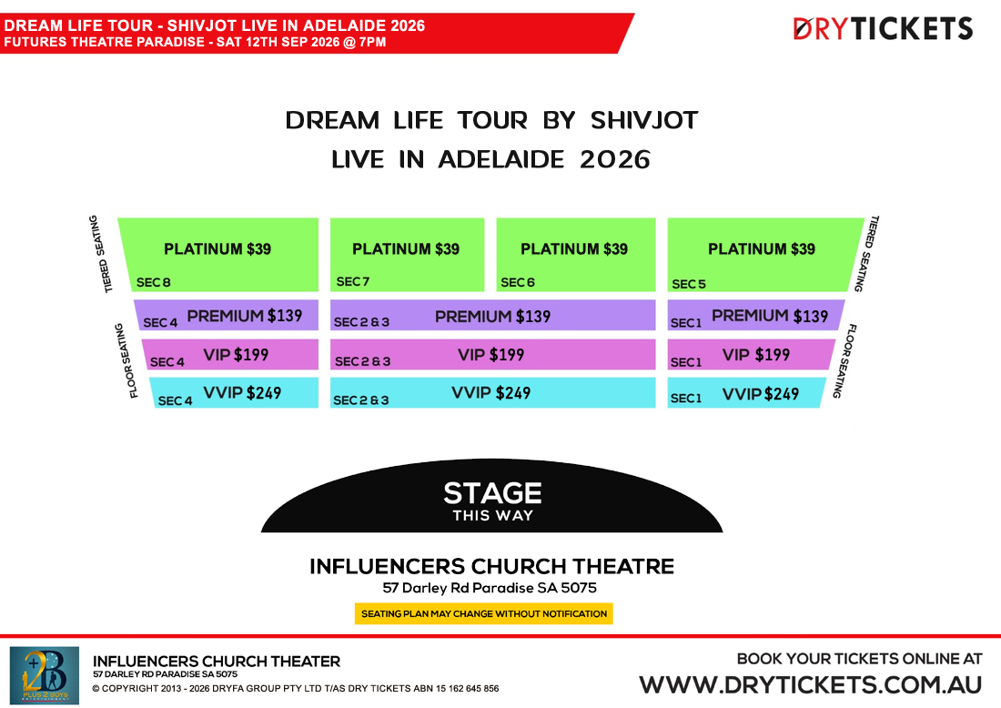 Dream Life Tour - Shivjot Live In Adelaide 2026 Seating Map