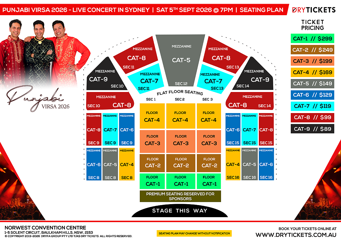 Punjabi Virsa 2026 Live In Sydney - Manmohan Waris, Kamal Heer & Sangtar Seating Map