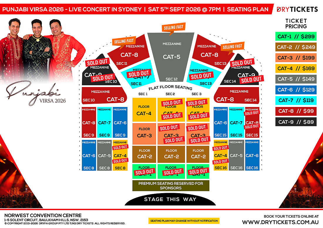 Punjabi Virsa 2026 Live In Sydney - Manmohan Waris, Kamal Heer & Sangtar Seating Map