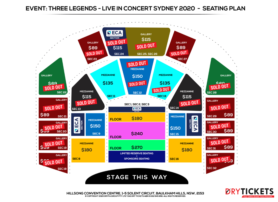 Three Legends of Bollywood Live In Sydney 2020 Seating Map