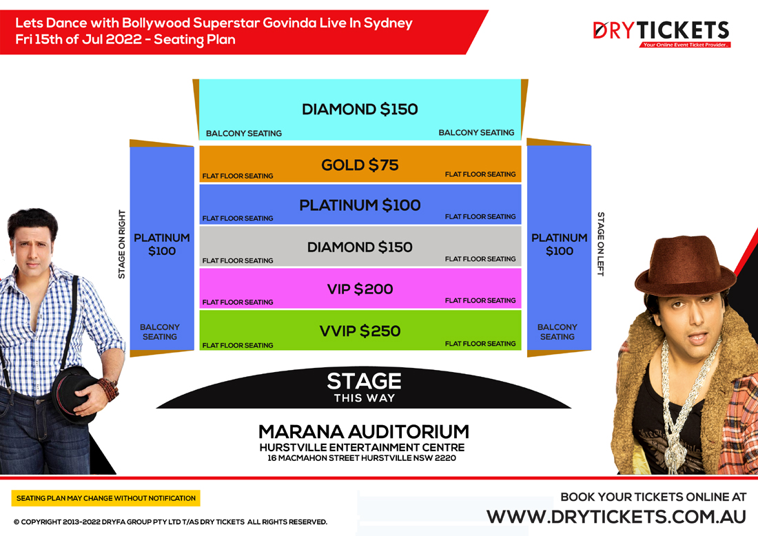 Lets Dance with Bollywood Superstar Govinda Live In Sydney Seating Map