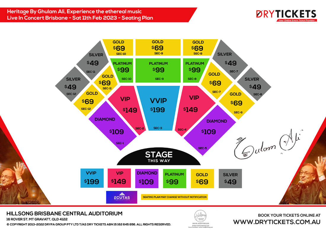 Heritage By Ghulam Ali, Experience the ethereal music Live In Concert Brisbane Seating Map