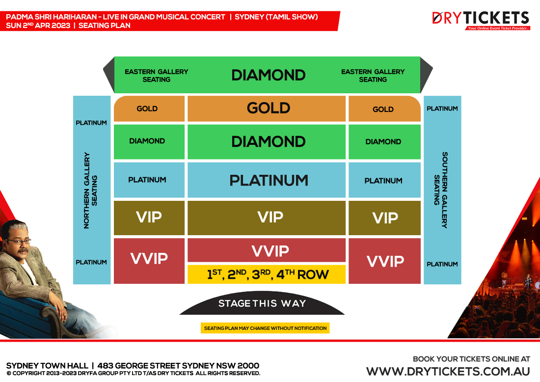 Padma Shri Hariharan Live In Grand Musical Concert In Sydney (Tamil Show) Seating Map